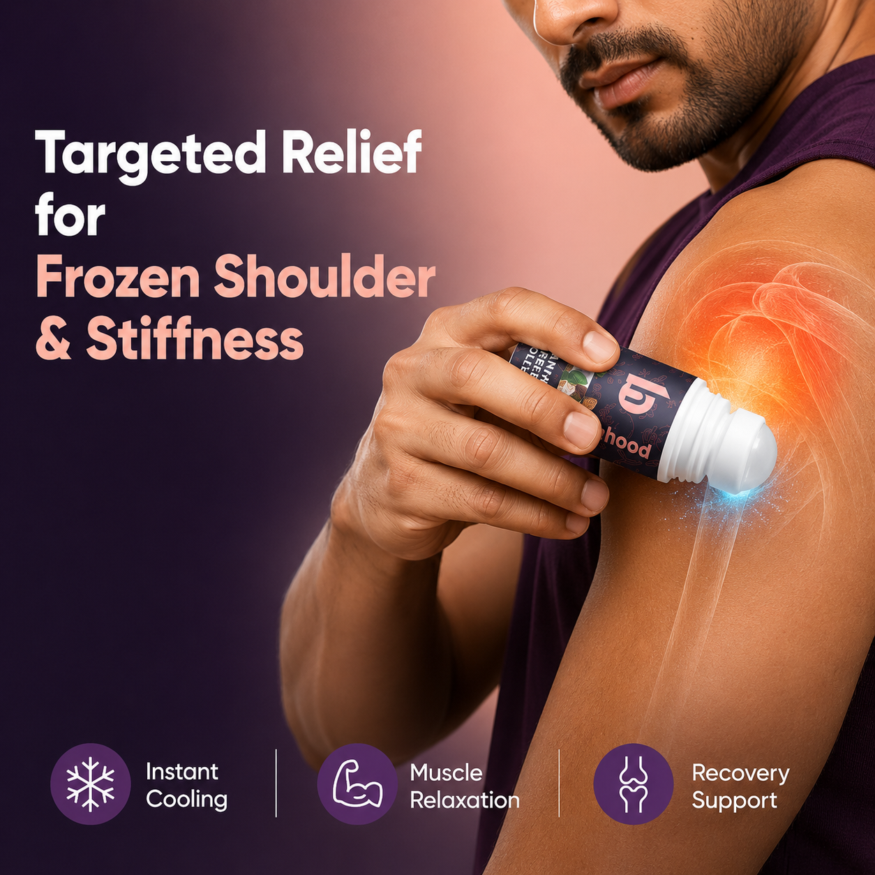 Man applying the roll-on to his shoulder, labeled "Targeted Relief for Frozen Shoulder & Stiffness"