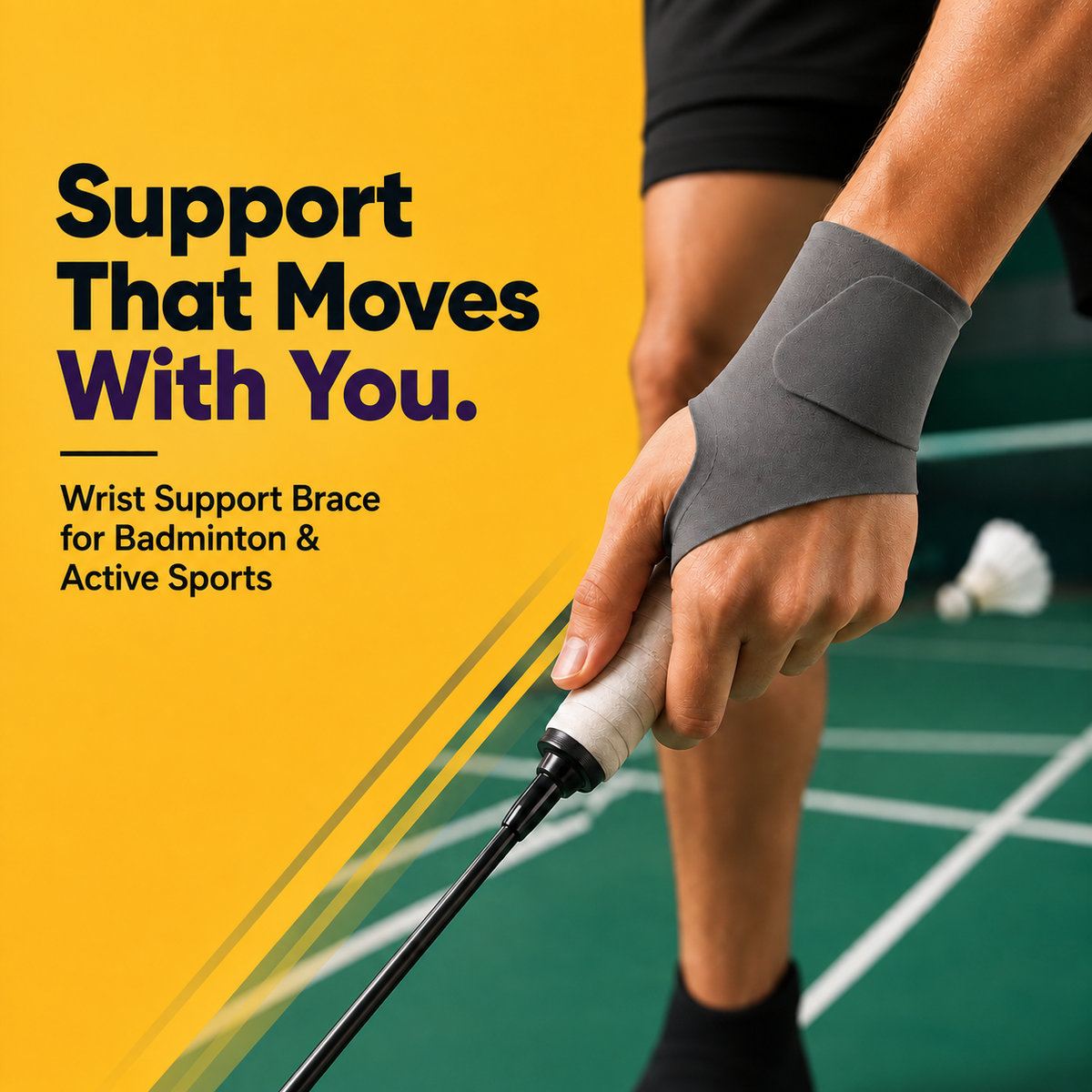 Man playing badminton wearing the betterhood wrist support brace, tagline: Support That Moves With You