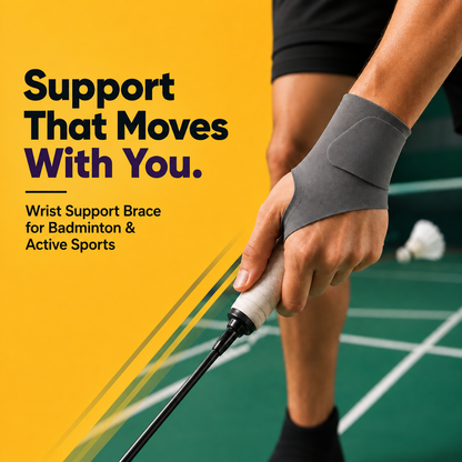 Man playing badminton wearing the betterhood wrist support brace, tagline: Support That Moves With You
